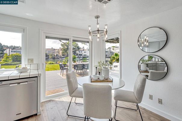 Dining room, Interior, Kitchen, Pendant Lights, Tile Countertops, Wood Texture Flooring