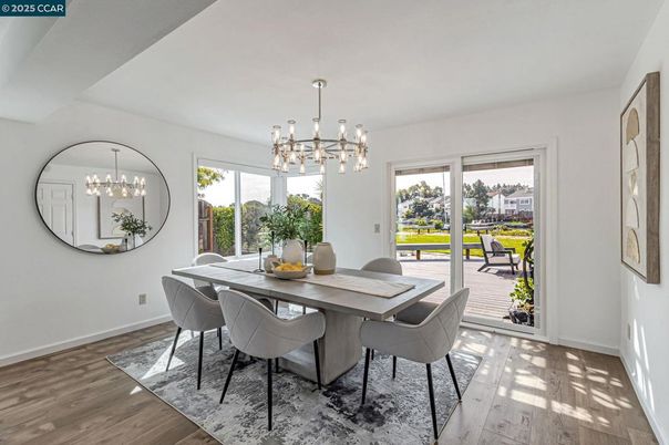 Dining room, Interior, Pendant Lights, Wood Texture Flooring