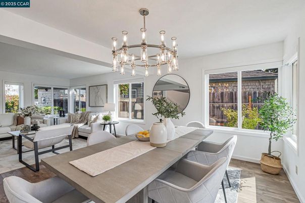 Dining room, Interior, Living room, Pendant Lights, Wood Texture Flooring