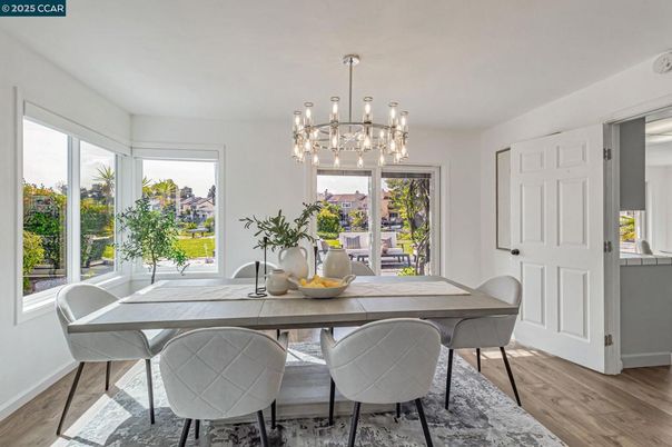 Dining room, Interior, Pendant Lights, Wood Texture Flooring