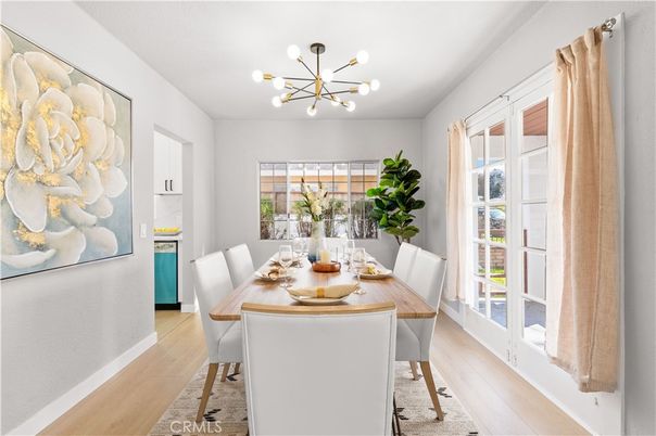 Dining room, Interior, Pendant Lights, Wood Texture Flooring