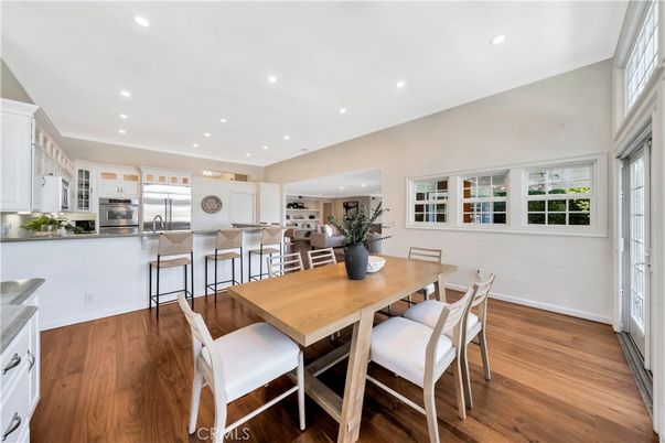 Dining room, Interior, Kitchen, Recessed Lighting, Stainless Steel Appliances, Wood Texture Flooring