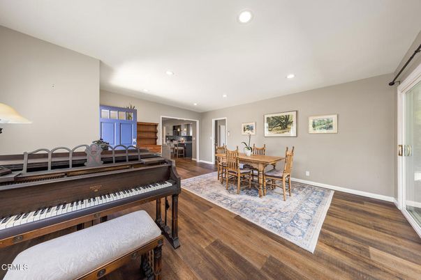 Dining room, Interior, Piano, Recessed Lighting, Wood Texture Flooring