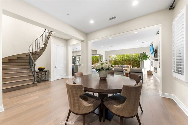 Dining room, Fireplace, Interior, Pendant Lights, Recessed Lighting, Wood Texture Flooring