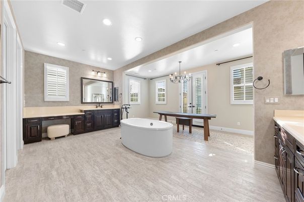 Bathroom, Billiard Table, Chandelier, Dual Sink Vanities, Free Standing Baths, Game Room, Interior, Recessed Lighting