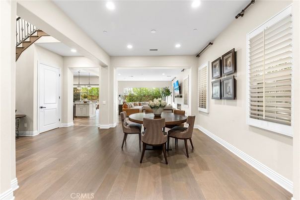 Dining room, Interior, Recessed Lighting, Wood Texture Flooring