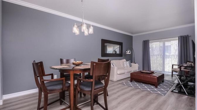 Dining room, Interior, Living room, Pendant Lights, Wood Texture Flooring