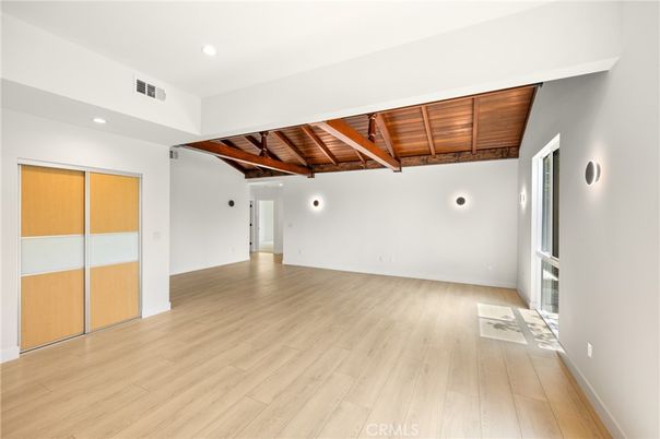 Empty room, Interior, Recessed Lighting, Wooden Beams, Wooden Ceilings, Wood Texture Flooring