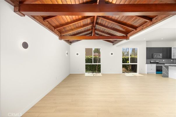 Empty room, Interior, Kitchen, Recessed Lighting, Wooden Beams, Wooden Ceilings, Wood Texture Flooring