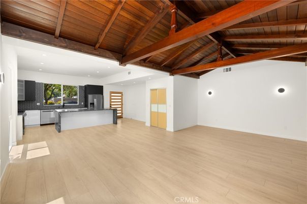 Empty room, Interior, Kitchen, Recessed Lighting, Wooden Beams, Wooden Ceilings, Wood Texture Flooring