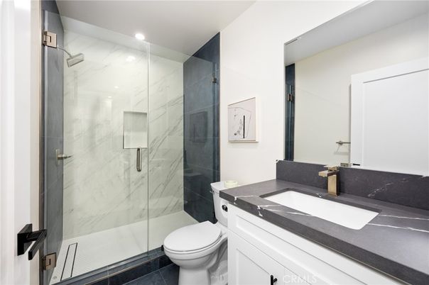 Bathroom, Glass Shower, Interior, Marble Walls, Recessed Lighting