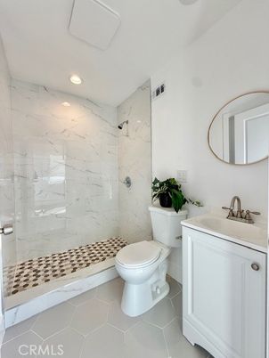 Bathroom, Glass Shower, Interior, Marble Walls, Recessed Lighting