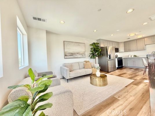 Interior, Kitchen, Living room, Recessed Lighting, Stainless Steel Appliances, Wood Texture Flooring