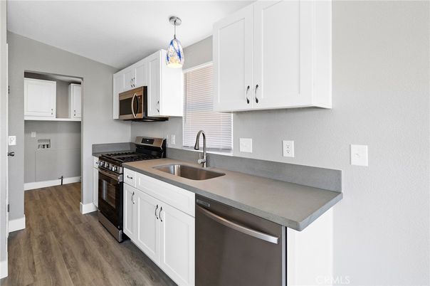 Interior, Kitchen, Pendant Lights, Stainless Steel Appliances, Wood Texture Flooring