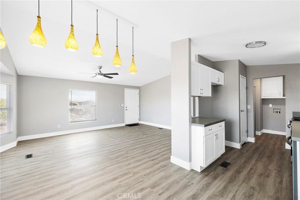 Empty room, Interior, Kitchen, Pendant Lights, Wood Texture Flooring