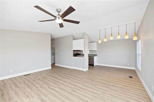 Empty room, Interior, Kitchen, Pendant Lights, Wood Texture Flooring