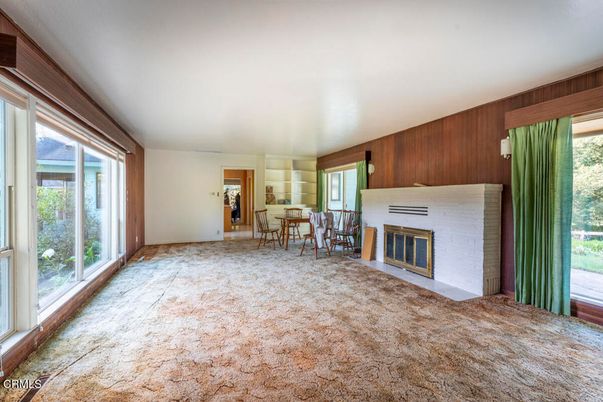 Dining room, Empty room, Fireplace, Interior, Wooden Walls
