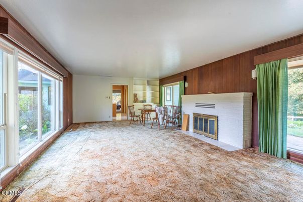 Dining room, Empty room, Fireplace, Interior, Wooden Walls