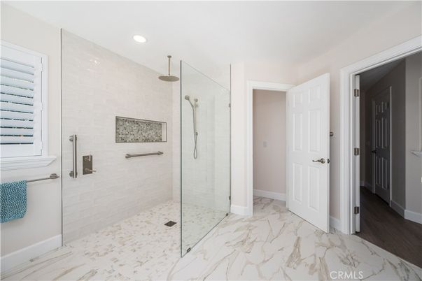 Bathroom, Glass Shower, Interior, Marble, Recessed Lighting