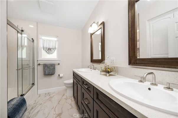 Bathroom, Dual Sink Vanities, Glass Shower, Interior, Marble