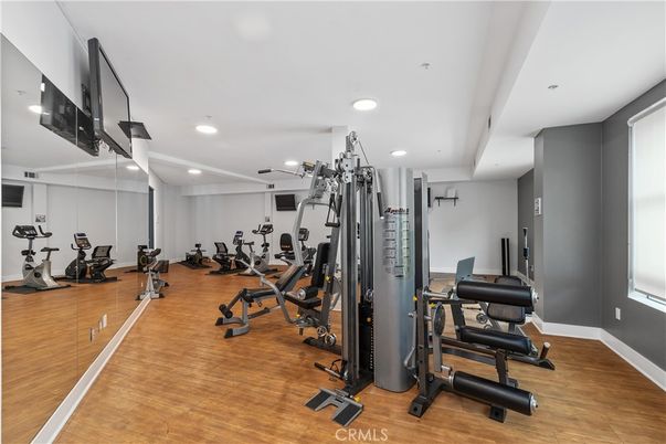 Fitness Equipment, Gym, Interior, Recessed Lighting, Wood Texture Flooring