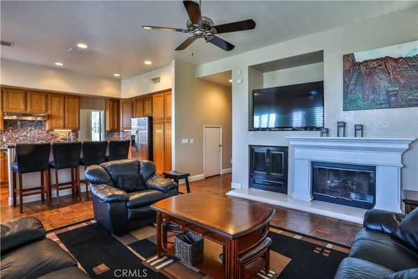 Fireplace, Interior, Kitchen, Living room, Recessed Lighting, Wood Texture Flooring