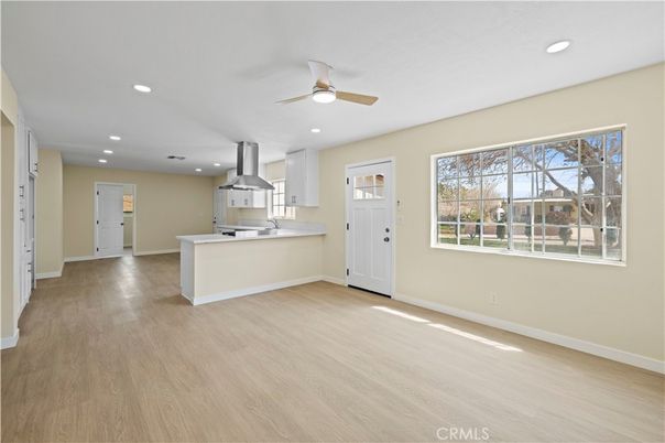 Empty room, Interior, Kitchen, Recessed Lighting, Wood Texture Flooring