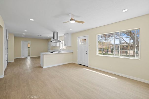 Empty room, Interior, Kitchen, Recessed Lighting, Wood Texture Flooring
