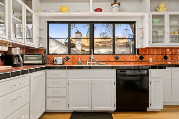 Interior, Kitchen, Tile Countertops, Wood Texture Flooring