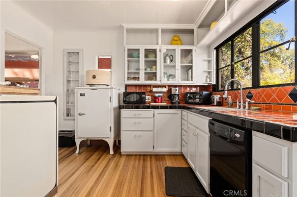 Interior, Kitchen, Tile Countertops, Wood Texture Flooring