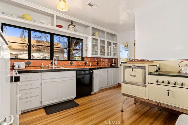 Interior, Kitchen, Tile Countertops, Wood Texture Flooring