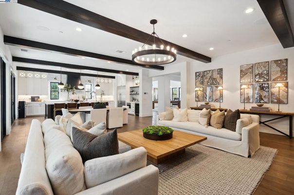 Interior, Kitchen, Living room, Pendant Lights, Recessed Lighting, Wooden Beams, Wood Texture Flooring