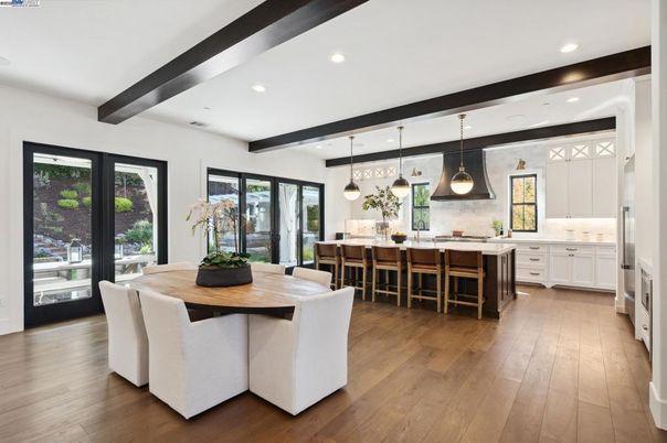 Dining room, Interior, Kitchen, Pendant Lights, Recessed Lighting, Wooden Beams, Wood Texture Flooring
