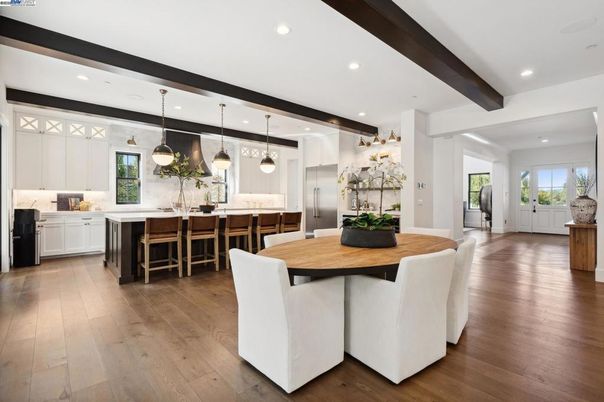Dining room, Interior, Kitchen, Pendant Lights, Recessed Lighting, Wooden Beams, Wood Texture Flooring