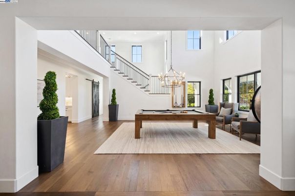 Billiard Table, Chandelier, Game Room, Interior, Wood Texture Flooring
