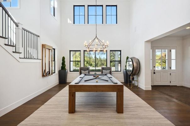 Billiard Table, Chandelier, Game Room, Interior, Pendant Lights, Wood Texture Flooring
