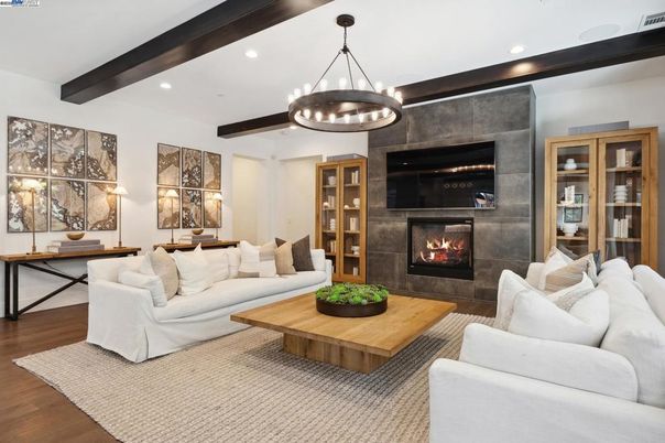 Fireplace, Interior, Living room, Pendant Lights, Recessed Lighting, Wooden Beams, Wood Texture Flooring