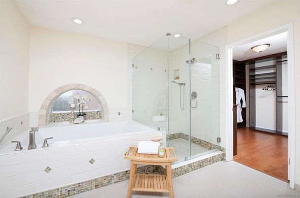 Bathroom, Glass Shower, Interior, Recessed Lighting, Wood Texture Flooring