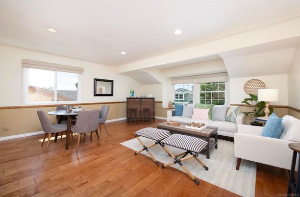 Dining room, Interior, Living room, Recessed Lighting, Wood Texture Flooring