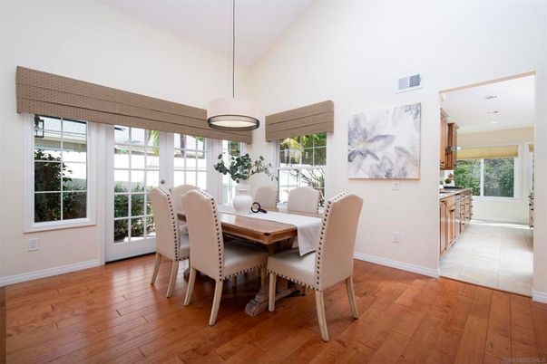 Dining room, Interior, Pendant Lights, Recessed Lighting, Wood Texture Flooring