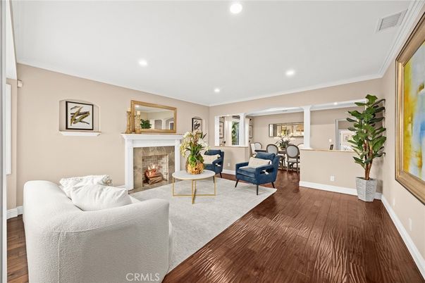 Fireplace, Interior, Living room, Recessed Lighting, Wood Texture Flooring