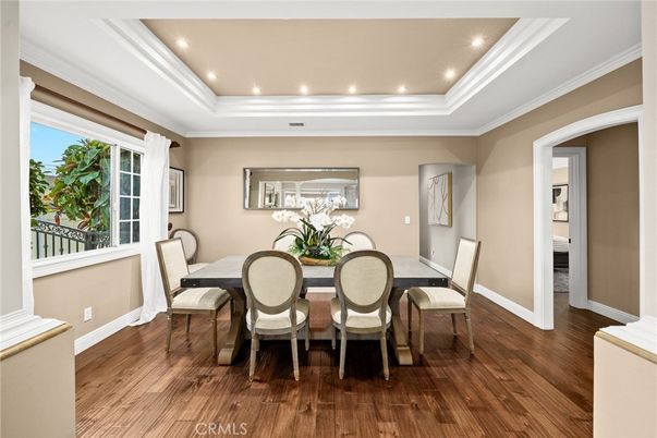 Dining room, Interior, Recessed Lighting, Wood Texture Flooring