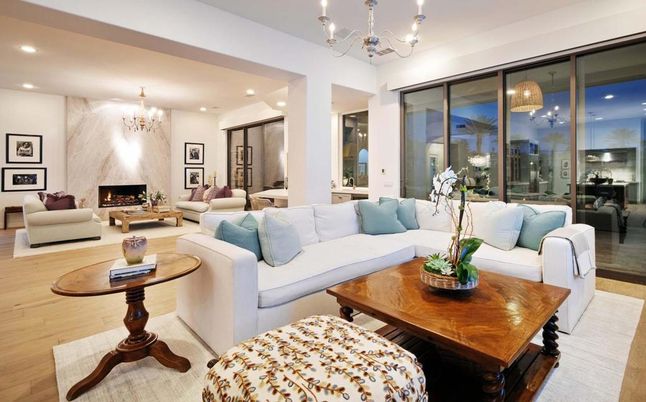 Chandelier, Dining room, Fireplace, Interior, Living room, Recessed Lighting, Wood Texture Flooring