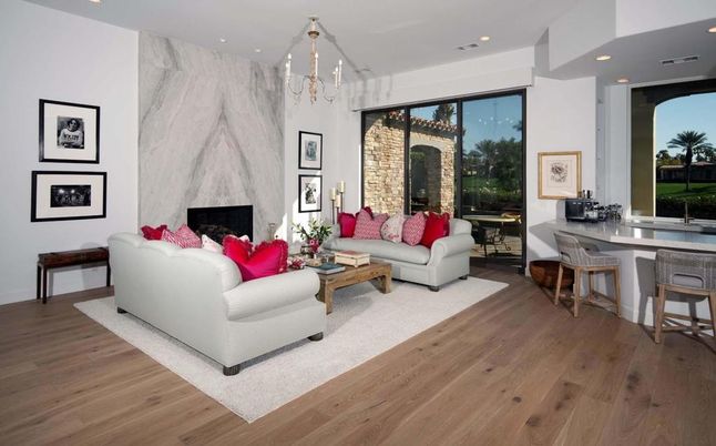 Fireplace, Interior, Living room, Marble Walls, Pendant Lights, Recessed Lighting, Wood Texture Flooring