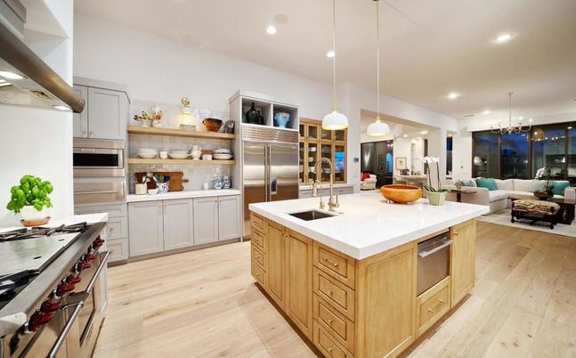 Interior, Kitchen, Living room, Pendant Lights, Recessed Lighting, Stainless Steel Appliances, Wood Texture Flooring