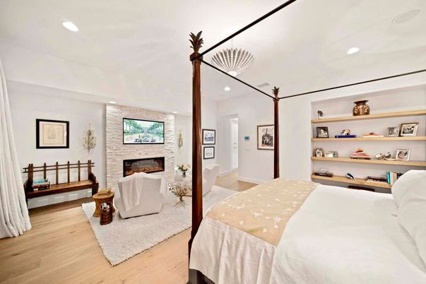 Bedroom, Fireplace, Interior, Recessed Lighting, Wood Texture Flooring