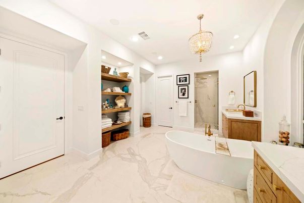 Bathroom, Chandelier, Dual Sink Vanities, Free Standing Baths, Interior, Marble, Recessed Lighting