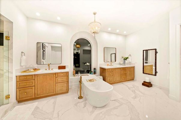 Bathroom, Chandelier, Dual Sink Vanities, Free Standing Baths, Glass Shower, Interior, Marble, Recessed Lighting