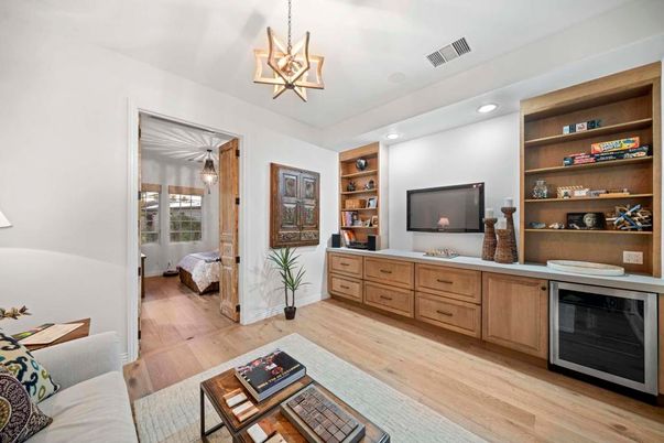 Bedroom, Interior, Pendant Lights, Recessed Lighting, Wood Texture Flooring