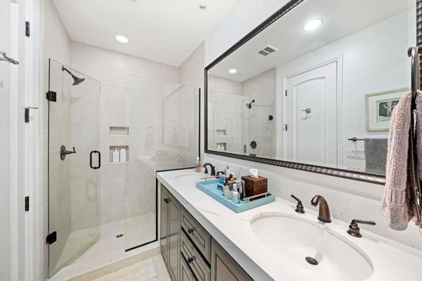 Bathroom, Dual Sink Vanities, Glass Shower, Interior, Recessed Lighting